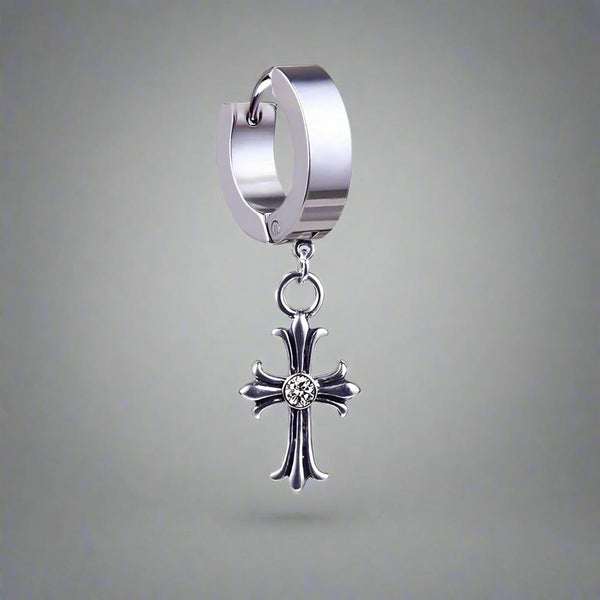 CROSS CIRCLE SILVER - Titanium Steel Hoop Earrings for Men & Boys (2 Pcs)