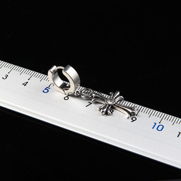 CROSS CIRCLE SILVER - Titanium Steel Hoop Earrings for Men & Boys (2 Pcs)