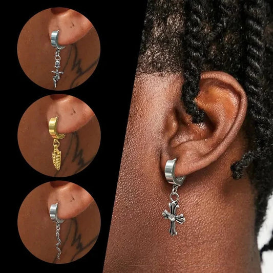 THE MEN THING Nose & Ear Ring Pair  (Both Ears) CROSS CIRCLE SILVER - Titanium Steel Hoop Earrings for Men & Boys (2 Pcs)