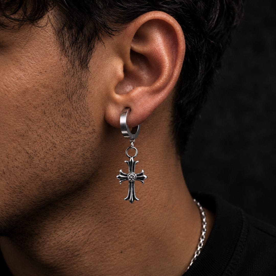 THE MEN THING Nose & Ear Ring Pair  (Both Ears) CROSS CIRCLE SILVER - Titanium Steel Hoop Earrings for Men & Boys (2 Pcs)