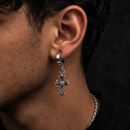 THE MEN THING Nose & Ear Ring Pair  (Both Ears) CROSS CIRCLE SILVER - Titanium Steel Hoop Earrings for Men & Boys (2 Pcs)