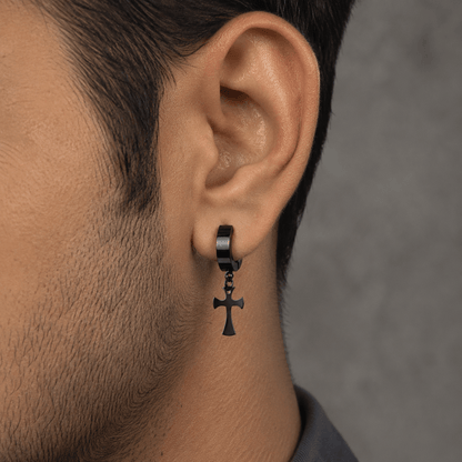 THE MEN THING Nose & Ear Ring Pair  (Both Ears) CROSS FIXION - Pure Titanium Steel Ear Hoop Earrings for Men & Boys (2 Pcs)