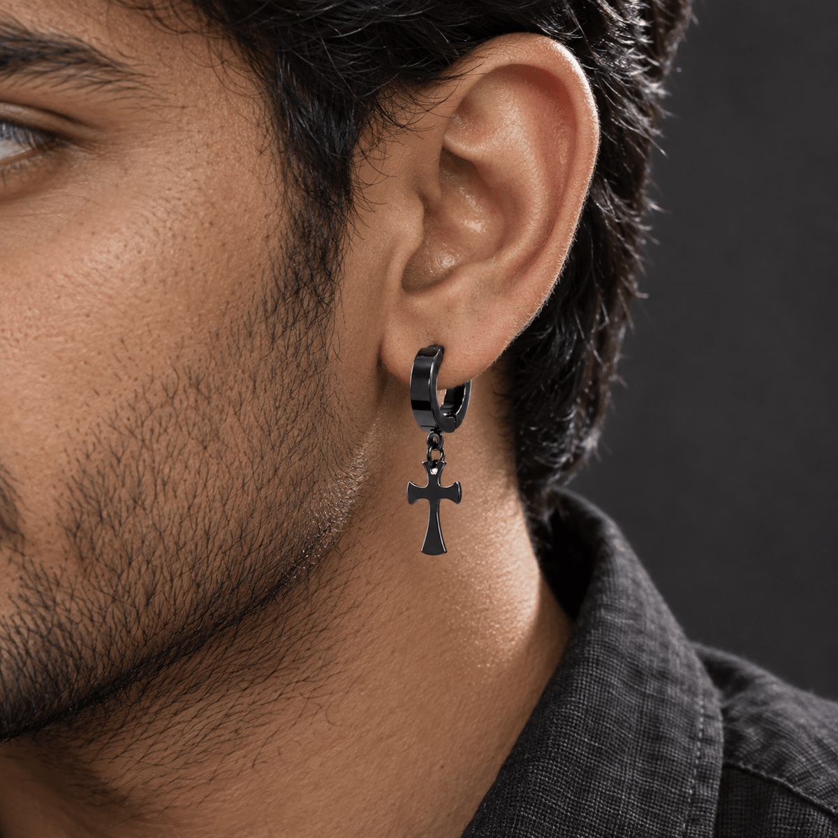 THE MEN THING Nose & Ear Ring Pair  (Both Ears) CROSS FIXION - Pure Titanium Steel Ear Hoop Earrings for Men & Boys (2 Pcs)
