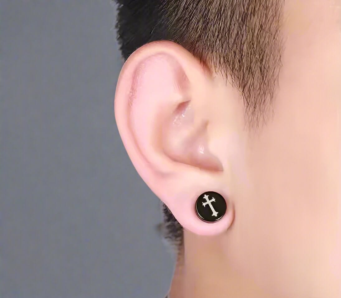 Black Earring with Silver Cross Design Men's Fashion Jewelry