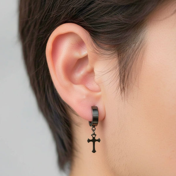 CROSSVIBE BLACK - Pure Titanium Steel Ear Hoop Earrings for Men & Boys (2 Pcs)