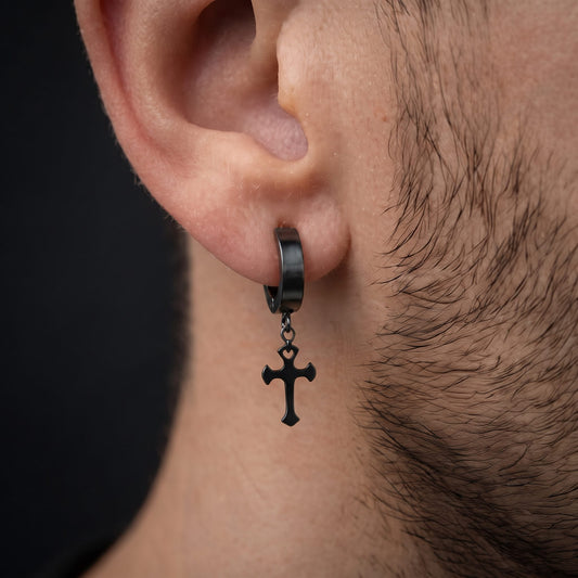 THE MEN THING Nose & Ear Ring Pair  (Both Ears) CROSSVIBE BLACK - Pure Titanium Steel Ear Hoop Earrings for Men & Boys (2 Pcs)
