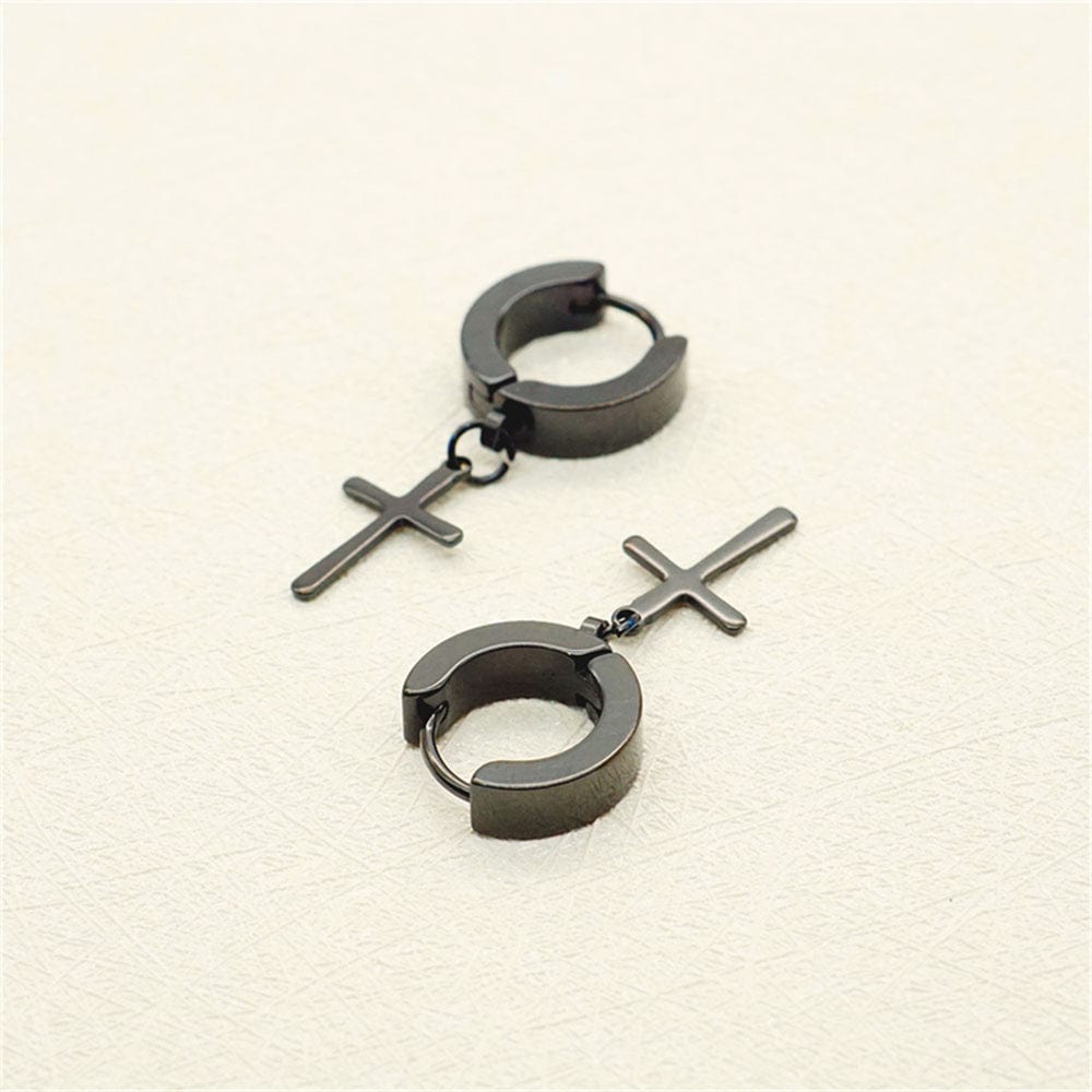THE MEN THING Nose & Ear Ring Pair  (Both Ears) CRUCIS - BLACK - Titanium Steel Hoop Earrings for Men & Boys (2 Pcs)