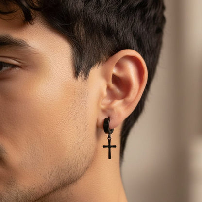 THE MEN THING Nose & Ear Ring Pair  (Both Ears) CRUCIS - BLACK - Titanium Steel Hoop Earrings for Men & Boys (2 Pcs)