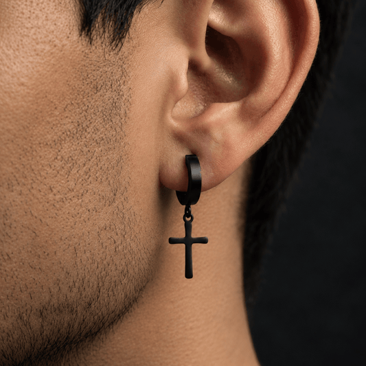 THE MEN THING Nose & Ear Ring Pair  (Both Ears) CRUCIS - BLACK - Titanium Steel Hoop Earrings for Men & Boys (2 Pcs)