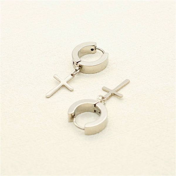 CRUCIS - SILVER - Titanium Steel Hoop Earrings for Men & Boys (2 Pcs)