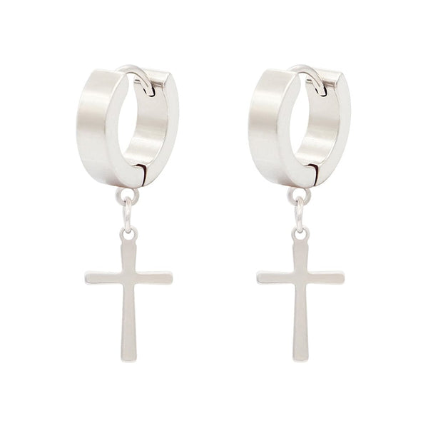 CRUCIS - SILVER - Titanium Steel Hoop Earrings for Men & Boys (2 Pcs)