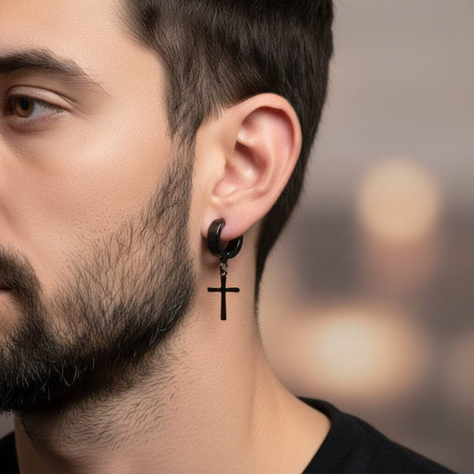 THE MEN THING Nose & Ear Ring Pair  (Both Ears) DANGLING CROSS BLACK - Non-Piercing Pure Titanium Steel Earring for Men & Boys (2 Pcs)