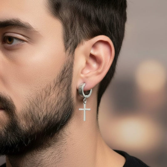 THE MEN THING Nose & Ear Ring Pair  (Both Ears) DANGLING CROSS SILVER - Non-Piercing Pure Titanium Steel Earring for Men & Boys (2 Pcs)