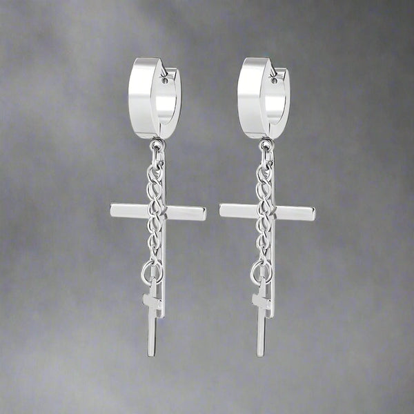 DOUBLE CROSS NOIRCHAIN SILVER - Titanium Steel Hoop Earrings for Men & Boys (2 Pcs)