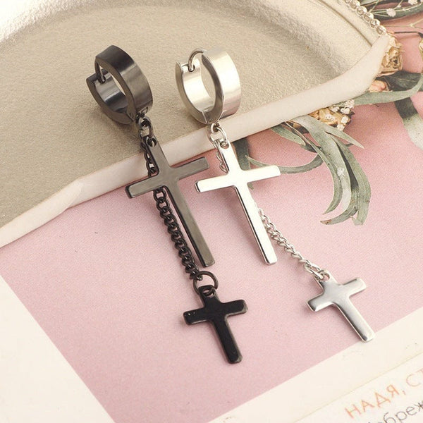 DOUBLE CROSS NOIRCHAIN BLACK - Titanium Steel Hoop Earrings for Men & Boys (2 Pcs)