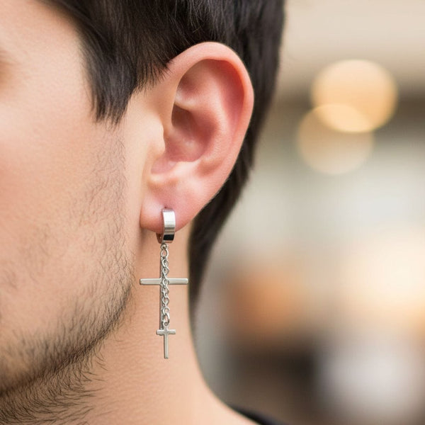 DOUBLE CROSS NOIRCHAIN SILVER - Titanium Steel Hoop Earrings for Men & Boys (2 Pcs)