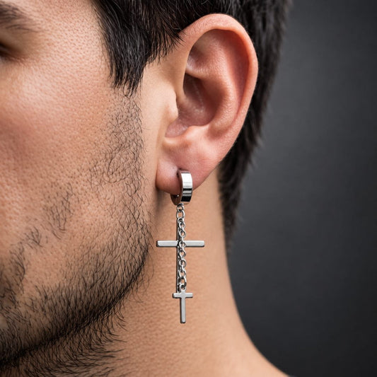 THE MEN THING Nose & Ear Ring Pair  (Both Ears) DOUBLE CROSS NOIRCHAIN SILVER - Titanium Steel Hoop Earrings for Men & Boys (2 Pcs)