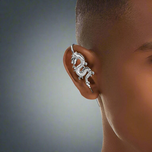 DRAGON KING- Pure Titanium Steel Ear Crawler Hook Pin Cuff Earrings for Men & Boys (2 Pcs)