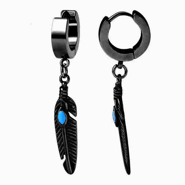 FEATHER BLACK - Titanium Steel Hoop Earrings for Men & Boys (2 Pcs)