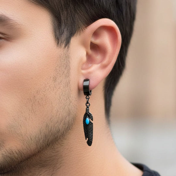 FEATHER BLACK - Titanium Steel Hoop Earrings for Men & Boys (2 Pcs)