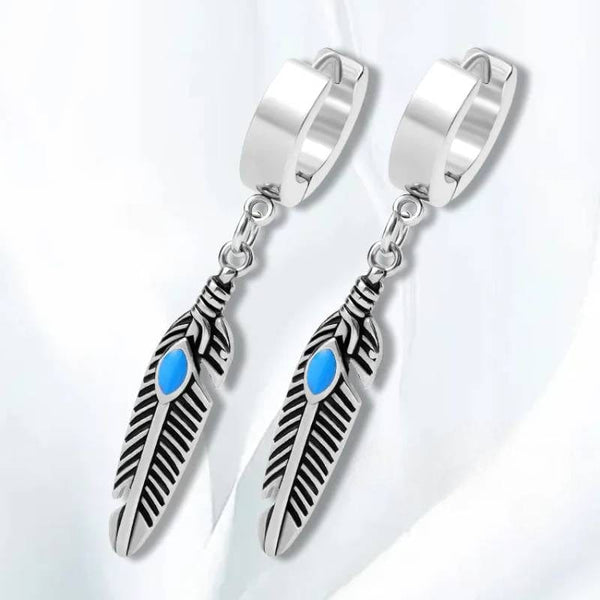 FEATHER SILVER - Titanium Steel Hoop Earrings for Men & Boys (2 Pcs)