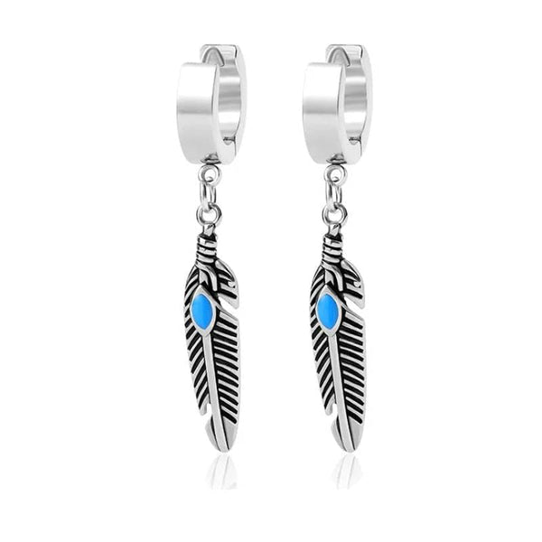 FEATHER SILVER - Titanium Steel Hoop Earrings for Men & Boys (2 Pcs)