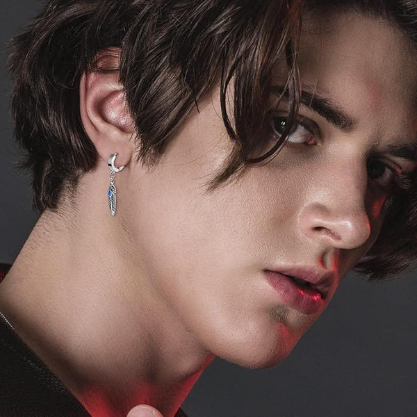 FEATHER SILVER - Titanium Steel Hoop Earrings for Men & Boys (2 Pcs)