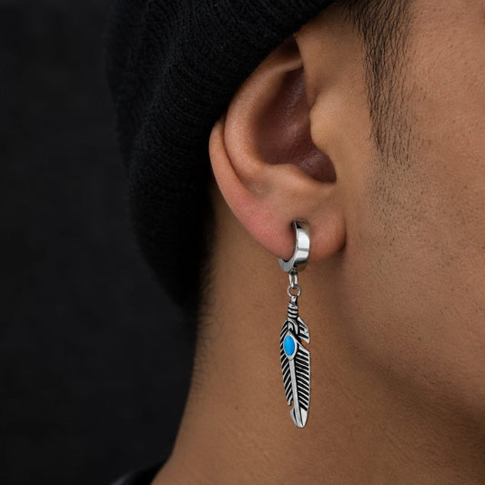 THE MEN THING Nose & Ear Ring Pair  (Both Ears) FEATHER SILVER - Titanium Steel Hoop Earrings for Men & Boys (2 Pcs)