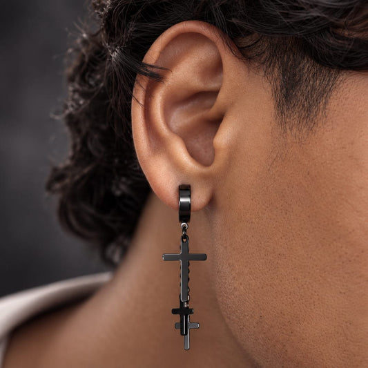 THE MEN THING Nose & Ear Ring Pair  (Both Ears) FLARE CROSS BLACK - Titanium Steel Stud Earrings for Men & Boys (2 Pcs)