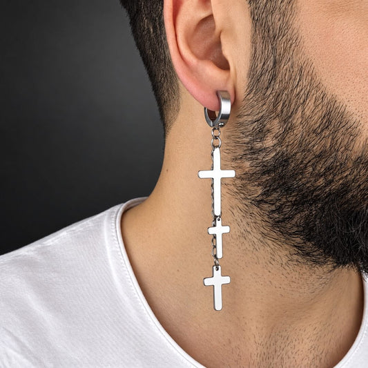 THE MEN THING Nose & Ear Ring Pair  (Both Ears) FLARE CROSS SILVER - Titanium Steel Stud Earrings for Men & Boys (2 Pcs)