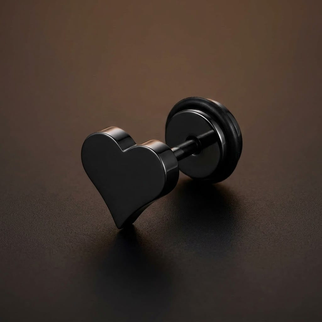 THE MEN THING Nose & Ear Ring Pair  (Both Ears) HEARTFELT ELEGANCE BLACK - Pure Titanium Steel Piercing Ear Earrings for Men & Boys (2 Pcs)