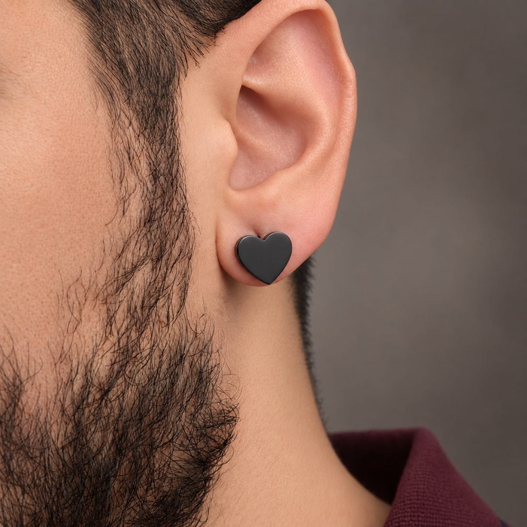THE MEN THING Nose & Ear Ring Pair  (Both Ears) HEARTFELT ELEGANCE BLACK - Pure Titanium Steel Piercing Ear Earrings for Men & Boys (2 Pcs)