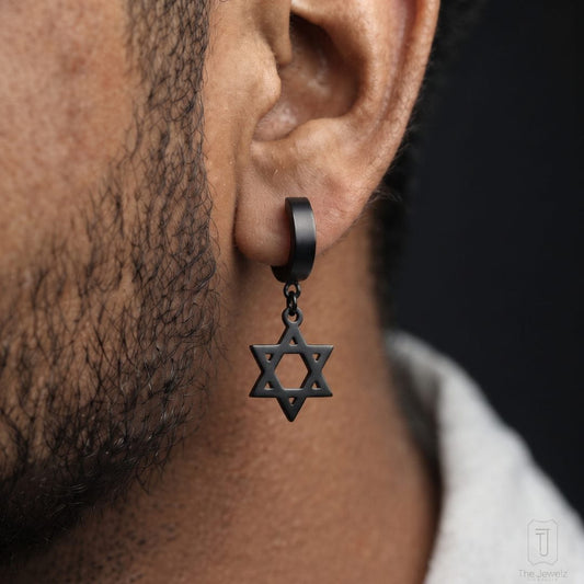 THE MEN THING Nose & Ear Ring Pair  (Both Ears) HEXSTAR BLACK - Pure Titanium Steel Ear Hoop Earrings for Men & Boys (2 Pcs)