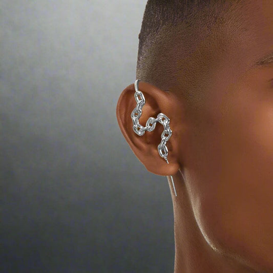 THE MEN THING Nose & Ear Ring Pair  (Both Ears) INTERLINK CHAIN - Pure Titanium Steel Ear Crawler Hook Pin Cuff Earrings for Men & Boys (2 Pcs)