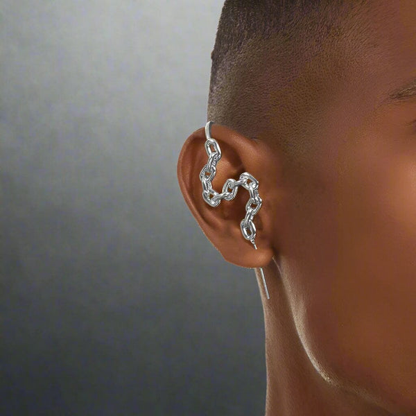 INTERLINK CHAIN - Pure Titanium Steel Ear Crawler Hook Pin Cuff Earrings for Men & Boys (2 Pcs)