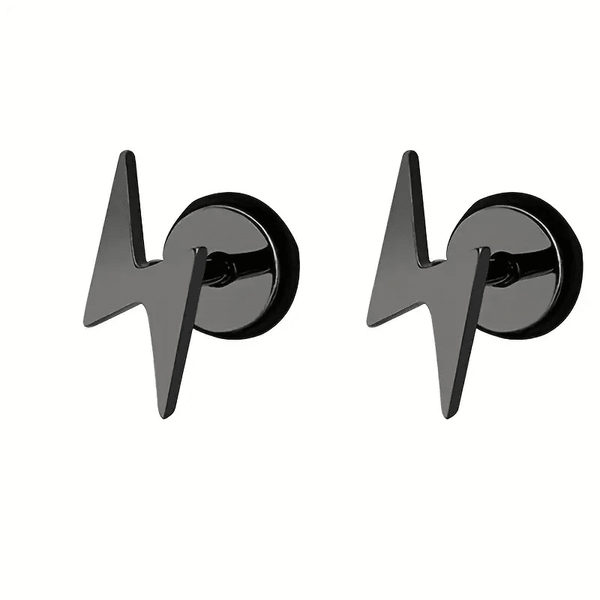 LIGHTNING BOLT BLACK - Pure Titanium Steel Piercing Ear Earrings for Men & Boys (2 Pcs)