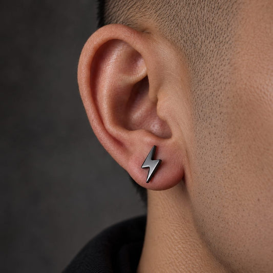 THE MEN THING Nose & Ear Ring Pair  (Both Ears) LIGHTNING BOLT BLACK - Pure Titanium Steel Piercing Ear Earrings for Men & Boys (2 Pcs)