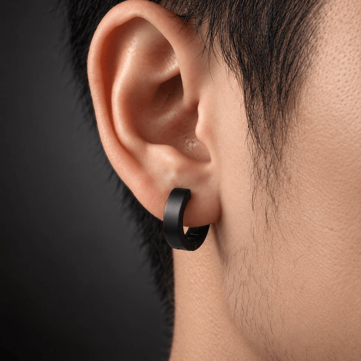THE MEN THING Nose & Ear Ring Pair  (Both Ears) ONYXLOOP - BLACK - Non-Piercing Pure Titanium Steel Earring for Men & Boys (2 pcs)