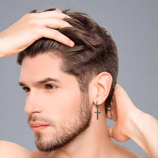 THE MEN THING Nose & Ear Ring Pair (Both Ears) PALADIN BLACK CROSS DROP - Titanium Steel Hoop Earrings for Men & Boys (2 Pcs)