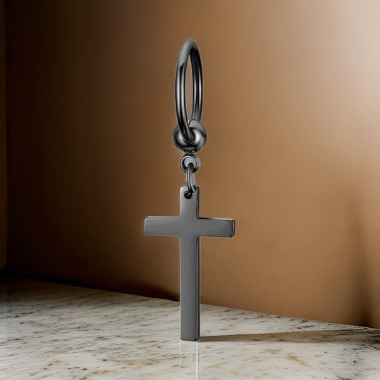 THE MEN THING Nose & Ear Ring Pair (Both Ears) PALADIN BLACK CROSS DROP - Titanium Steel Hoop Earrings for Men & Boys (2 Pcs)