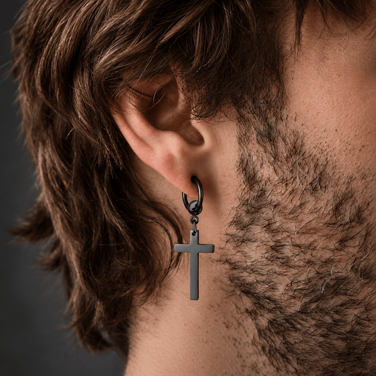 THE MEN THING Nose & Ear Ring Pair (Both Ears) PALADIN BLACK CROSS DROP - Titanium Steel Hoop Earrings for Men & Boys (2 Pcs)