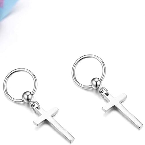 THE MEN THING Nose & Ear Ring Pair (Both Ears) PALADIN SILVER CROSS DROP - Titanium Steel Hoop Earrings for Men & Boys (2 Pcs)