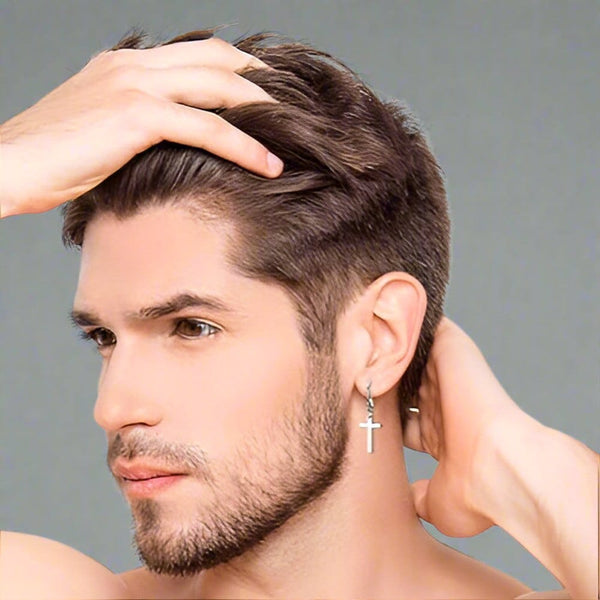 PALADIN SILVER CROSS DROP - Titanium Steel Hoop Earrings for Men & Boys (2 Pcs)