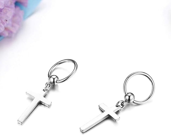 PALADIN SILVER CROSS DROP - Titanium Steel Hoop Earrings for Men & Boys (2 Pcs)