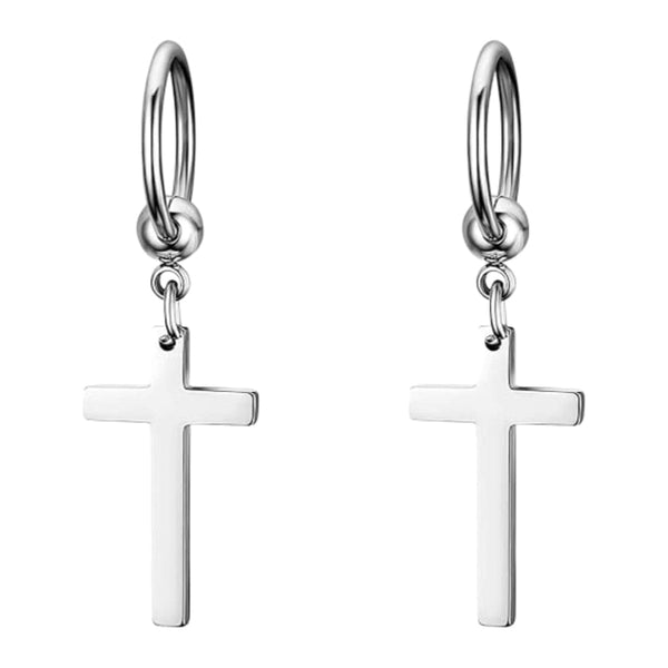PALADIN SILVER CROSS DROP - Titanium Steel Hoop Earrings for Men & Boys (2 Pcs)