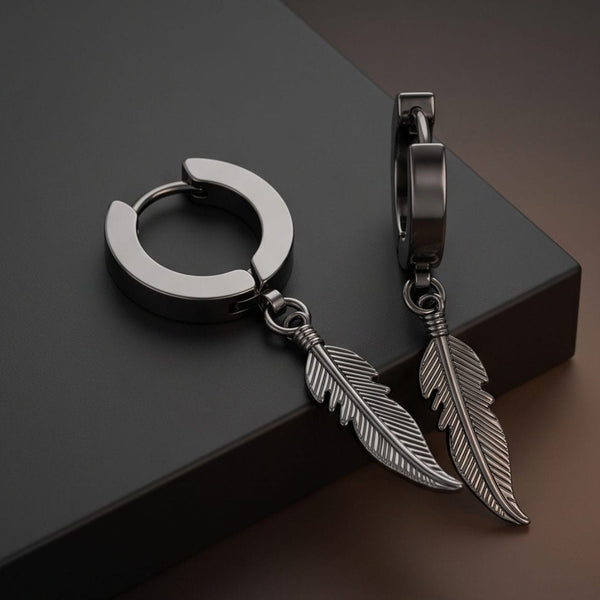 PLUME GUNMETAL GREY - Pure Titanium Steel Ear Hoop Earrings for Men & Boys (2 Pcs)