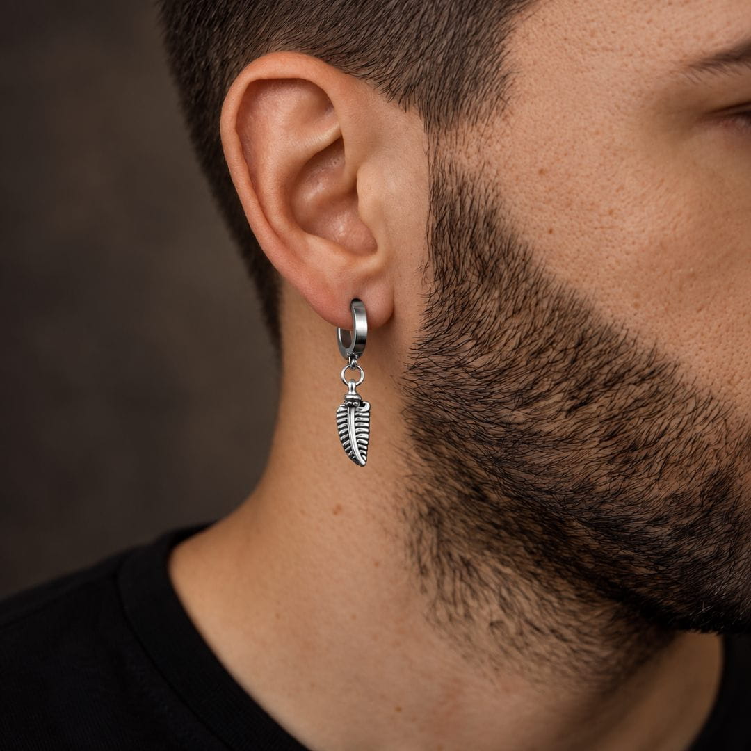 THE MEN THING Nose & Ear Ring Pair  (Both Ears) PLUME SILVER - Pure Titanium Steel Ear Hoop Earrings for Men & Boys (2 Pcs)