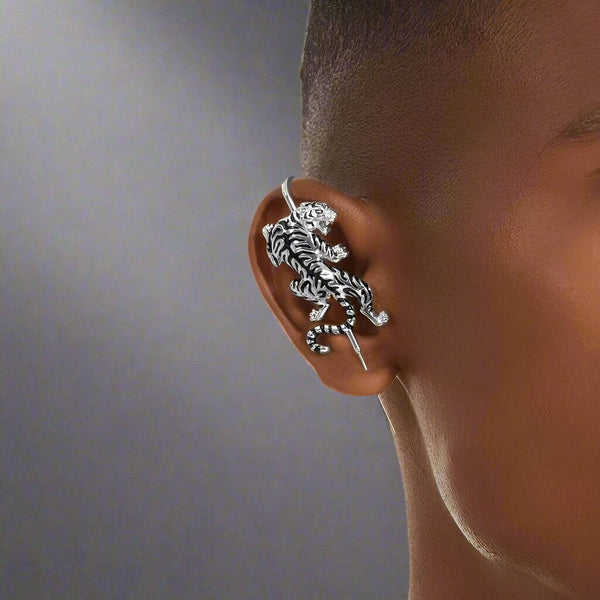 POUNCE TIGER - Pure Titanium Steel Ear Crawler Hook Pin Cuff Earrings for Men & Boys (2 Pcs)