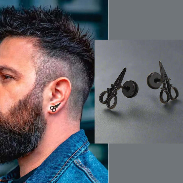 SCISSORS STUDS BLACK - Pure Titanium Steel Piercing Ear Earrings for Men & Boys (2 Pcs)