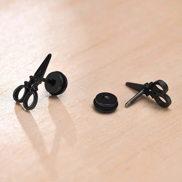 SCISSORS STUDS BLACK - Pure Titanium Steel Piercing Ear Earrings for Men & Boys (2 Pcs)